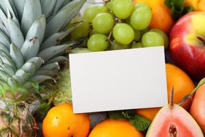 tarjeta y blanco papel Bosquejo armonizado con Fresco fruta, elaboración un visual sinfonía de ingenioso diseño y culinario deleitar, dónde saludable ingredientes unir en un banquete de vibrante imágenes foto