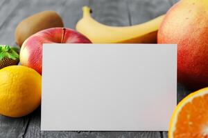 Card and White Paper Mockup Harmonized with Fresh Fruit, Crafting a Visual Symphony of Artful Design and Culinary Delight, Where Wholesome Ingredients Merge in a Feast of Vibrant Imagery photo