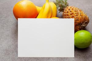 Card and White Paper Mockup Harmonized with Fresh Fruit, Crafting a Visual Symphony of Artful Design and Culinary Delight, Where Wholesome Ingredients Merge in a Feast of Vibrant Imagery photo