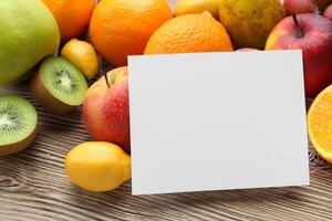 Card and White Paper Mockup Harmonized with Fresh Fruit, Crafting a Visual Symphony of Artful Design and Culinary Delight, Where Wholesome Ingredients Merge in a Feast of Vibrant Imagery photo