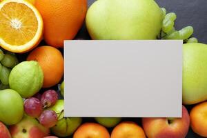 tarjeta y blanco papel Bosquejo armonizado con Fresco fruta, elaboración un visual sinfonía de ingenioso diseño y culinario deleitar, dónde saludable ingredientes unir en un banquete de vibrante imágenes foto