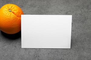 Generated imageWhite Paper Mockup Enlivened by the Zesty Aura of Fresh Oranges, Crafting a Visual Symphony of Culinary Opulence and Wholesome Design photo