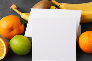 tarjeta y blanco papel Bosquejo armonizado con Fresco fruta, elaboración un visual sinfonía de ingenioso diseño y culinario deleitar, dónde saludable ingredientes unir en un banquete de vibrante imágenes foto