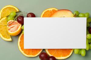 tarjeta y blanco papel Bosquejo armonizado con Fresco fruta, elaboración un visual sinfonía de ingenioso diseño y culinario deleitar, dónde saludable ingredientes unir en un banquete de vibrante imágenes foto