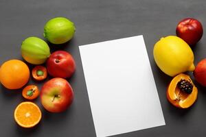 tarjeta y blanco papel Bosquejo armonizado con Fresco fruta, elaboración un visual sinfonía de ingenioso diseño y culinario deleitar, dónde saludable ingredientes unir en un banquete de vibrante imágenes foto