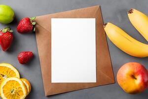 Card and White Paper Mockup Harmonized with Fresh Fruit, Crafting a Visual Symphony of Artful Design and Culinary Delight, Where Wholesome Ingredients Merge in a Feast of Vibrant Imagery photo