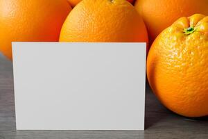 Generated imageWhite Paper Mockup Enlivened by the Zesty Aura of Fresh Oranges, Crafting a Visual Symphony of Culinary Opulence and Wholesome Design photo