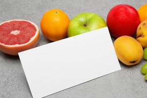 tarjeta y blanco papel Bosquejo armonizado con Fresco fruta, elaboración un visual sinfonía de ingenioso diseño y culinario deleitar, dónde saludable ingredientes unir en un banquete de vibrante imágenes foto