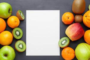 tarjeta y blanco papel Bosquejo armonizado con Fresco fruta, elaboración un visual sinfonía de ingenioso diseño y culinario deleitar, dónde saludable ingredientes unir en un banquete de vibrante imágenes foto