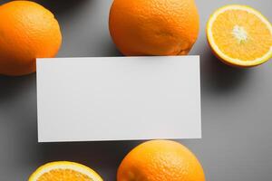 Generated imageWhite Paper Mockup Enlivened by the Zesty Aura of Fresh Oranges, Crafting a Visual Symphony of Culinary Opulence and Wholesome Design photo