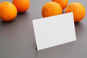 tarjeta y blanco papel Bosquejo armonizado con Fresco fruta, elaboración un visual sinfonía de ingenioso diseño y culinario deleitar, dónde saludable ingredientes unir en un banquete de vibrante imágenes foto