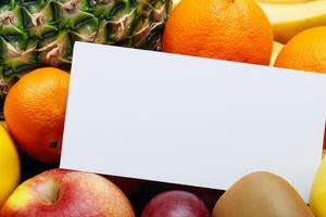 tarjeta y blanco papel Bosquejo armonizado con Fresco fruta, elaboración un visual sinfonía de ingenioso diseño y culinario deleitar, dónde saludable ingredientes unir en un banquete de vibrante imágenes foto