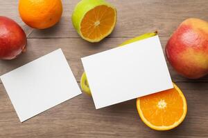 tarjeta y blanco papel Bosquejo armonizado con Fresco fruta, elaboración un visual sinfonía de ingenioso diseño y culinario deleitar, dónde saludable ingredientes unir en un banquete de vibrante imágenes foto