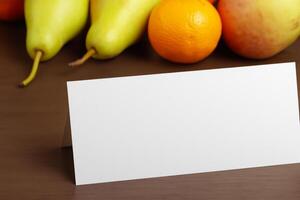 tarjeta y blanco papel Bosquejo armonizado con Fresco fruta, elaboración un visual sinfonía de ingenioso diseño y culinario deleitar, dónde saludable ingredientes unir en un banquete de vibrante imágenes foto