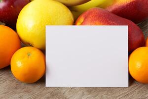 tarjeta y blanco papel Bosquejo armonizado con Fresco fruta, elaboración un visual sinfonía de ingenioso diseño y culinario deleitar, dónde saludable ingredientes unir en un banquete de vibrante imágenes foto