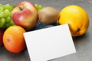 tarjeta y blanco papel Bosquejo armonizado con Fresco fruta, elaboración un visual sinfonía de ingenioso diseño y culinario deleitar, dónde saludable ingredientes unir en un banquete de vibrante imágenes foto