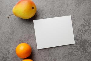 tarjeta y blanco papel Bosquejo armonizado con Fresco fruta, elaboración un visual sinfonía de ingenioso diseño y culinario deleitar, dónde saludable ingredientes unir en un banquete de vibrante imágenes foto