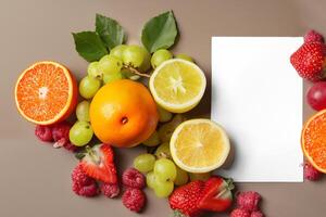 tarjeta y blanco papel Bosquejo armonizado con Fresco fruta, elaboración un visual sinfonía de ingenioso diseño y culinario deleitar, dónde saludable ingredientes unir en un banquete de vibrante imágenes foto