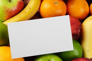 tarjeta y blanco papel Bosquejo armonizado con Fresco fruta, elaboración un visual sinfonía de ingenioso diseño y culinario deleitar, dónde saludable ingredientes unir en un banquete de vibrante imágenes foto