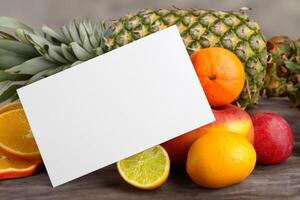 tarjeta y blanco papel Bosquejo armonizado con Fresco fruta, elaboración un visual sinfonía de ingenioso diseño y culinario deleitar, dónde saludable ingredientes unir en un banquete de vibrante imágenes foto