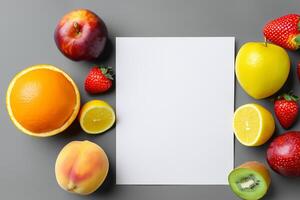 tarjeta y blanco papel Bosquejo armonizado con Fresco fruta, elaboración un visual sinfonía de ingenioso diseño y culinario deleitar, dónde saludable ingredientes unir en un banquete de vibrante imágenes foto