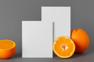 White Paper Mockup Enlivened by the Zesty Aura of Fresh Oranges, Crafting a Visual Symphony of Culinary Opulence and Wholesome Design photo