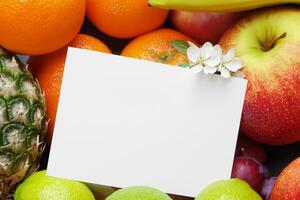 tarjeta y blanco papel Bosquejo armonizado con Fresco fruta, elaboración un visual sinfonía de ingenioso diseño y culinario deleitar, dónde saludable ingredientes unir en un banquete de vibrante imágenes foto