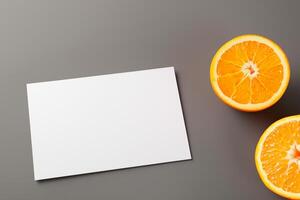 Generated imageWhite Paper Mockup Enlivened by the Zesty Aura of Fresh Oranges, Crafting a Visual Symphony of Culinary Opulence and Wholesome Design photo