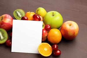 tarjeta y blanco papel Bosquejo armonizado con Fresco fruta, elaboración un visual sinfonía de ingenioso diseño y culinario deleitar, dónde saludable ingredientes unir en un banquete de vibrante imágenes foto