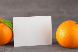 blanco papel Bosquejo animado por el picante aura de Fresco naranjas, elaboración un visual sinfonía de culinario opulencia y saludable diseño foto