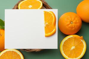 Generated imageWhite Paper Mockup Enlivened by the Zesty Aura of Fresh Oranges, Crafting a Visual Symphony of Culinary Opulence and Wholesome Design photo