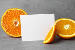 White Paper Mockup Enlivened by the Zesty Aura of Fresh Oranges, Crafting a Visual Symphony of Culinary Opulence and Wholesome Design photo