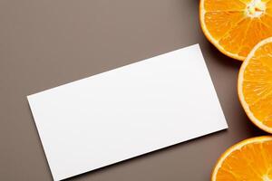 Generated imageWhite Paper Mockup Enlivened by the Zesty Aura of Fresh Oranges, Crafting a Visual Symphony of Culinary Opulence and Wholesome Design photo