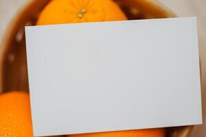 Generated imageWhite Paper Mockup Enlivened by the Zesty Aura of Fresh Oranges, Crafting a Visual Symphony of Culinary Opulence and Wholesome Design photo