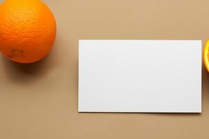 White Paper Mockup Enlivened by the Zesty Aura of Fresh Oranges, Crafting a Visual Symphony of Culinary Opulence and Wholesome Design photo