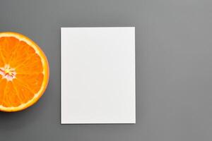 White Paper Mockup Enlivened by the Zesty Aura of Fresh Oranges, Crafting a Visual Symphony of Culinary Opulence and Wholesome Design photo