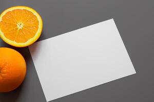 Generated imageWhite Paper Mockup Enlivened by the Zesty Aura of Fresh Oranges, Crafting a Visual Symphony of Culinary Opulence and Wholesome Design photo