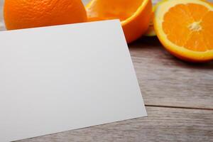 Generated imageWhite Paper Mockup Enlivened by the Zesty Aura of Fresh Oranges, Crafting a Visual Symphony of Culinary Opulence and Wholesome Design photo