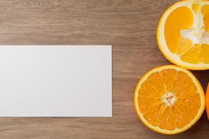 White Paper Mockup Enlivened by the Zesty Aura of Fresh Oranges, Crafting a Visual Symphony of Culinary Opulence and Wholesome Design photo