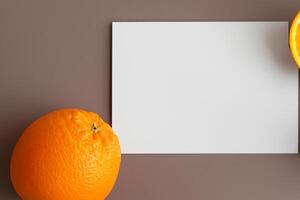 White Paper Mockup Enlivened by the Zesty Aura of Fresh Oranges, Crafting a Visual Symphony of Culinary Opulence and Wholesome Design photo