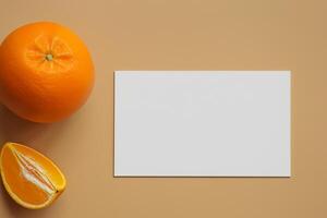 White Paper Mockup Enlivened by the Zesty Aura of Fresh Oranges, Crafting a Visual Symphony of Culinary Opulence and Wholesome Design photo