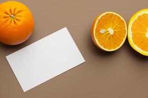 Generated imageWhite Paper Mockup Enlivened by the Zesty Aura of Fresh Oranges, Crafting a Visual Symphony of Culinary Opulence and Wholesome Design photo