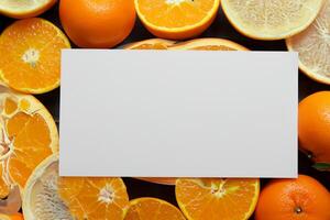 Generated imageWhite Paper Mockup Enlivened by the Zesty Aura of Fresh Oranges, Crafting a Visual Symphony of Culinary Opulence and Wholesome Design photo