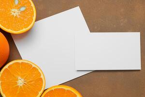 Generated imageWhite Paper Mockup Enlivened by the Zesty Aura of Fresh Oranges, Crafting a Visual Symphony of Culinary Opulence and Wholesome Design photo