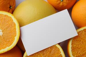 Generated imageWhite Paper Mockup Enlivened by the Zesty Aura of Fresh Oranges, Crafting a Visual Symphony of Culinary Opulence and Wholesome Design photo