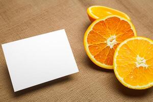 Generated imageWhite Paper Mockup Enlivened by the Zesty Aura of Fresh Oranges, Crafting a Visual Symphony of Culinary Opulence and Wholesome Design photo