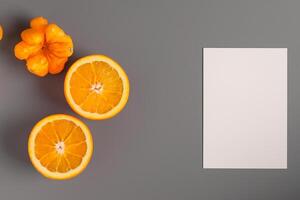 Generated imageWhite Paper Mockup Enlivened by the Zesty Aura of Fresh Oranges, Crafting a Visual Symphony of Culinary Opulence and Wholesome Design photo