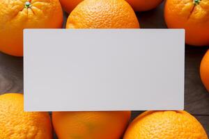 Generated imageWhite Paper Mockup Enlivened by the Zesty Aura of Fresh Oranges, Crafting a Visual Symphony of Culinary Opulence and Wholesome Design photo