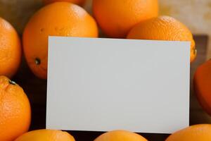 blanco papel Bosquejo animado por el picante aura de Fresco naranjas, elaboración un visual sinfonía de culinario opulencia y saludable diseño foto