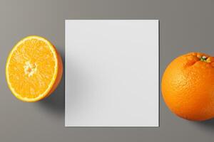 Generated imageWhite Paper Mockup Enlivened by the Zesty Aura of Fresh Oranges, Crafting a Visual Symphony of Culinary Opulence and Wholesome Design photo